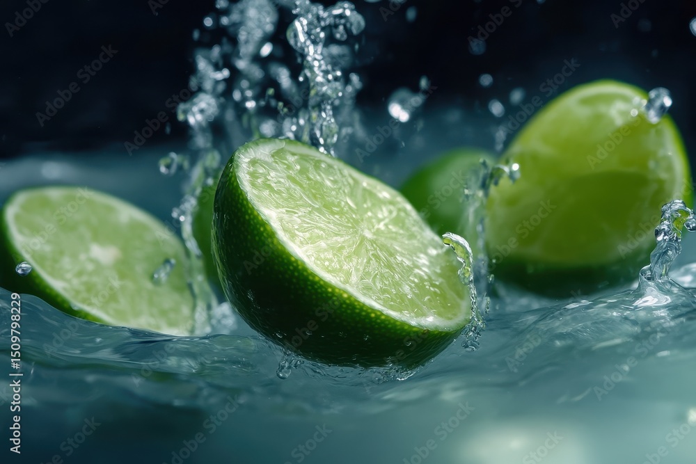 Poster lime slices plunge gracefully into clear water creating dynamic splashes and bubbles, lime slices fa