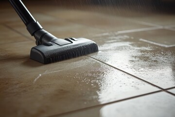 Wet vacuum cleaner nozzle effectively cleaning water from tiled floor in a home setting, Wet vacuum cleaner nozzle on tiled floor