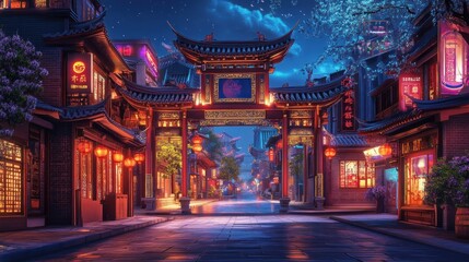Night scene of a traditional Chinese street.  Ancient, vibrant, and lit with lanterns