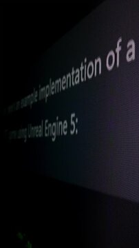Closeup macro shot movement of coding script moving across LED screen with real-time AI-generated typing, showcasing advanced AI learning in optimization, debug and coding for software development.