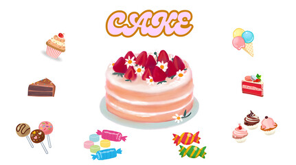 Tropical Fruit Cake strawberry on White Background