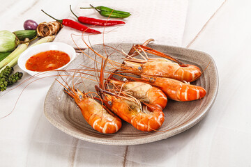 Boiled tiger prawn with sauce