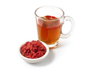 Cup of tea with goji berries isolated on white background