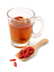 Cup of tea with goji berries isolated on white background