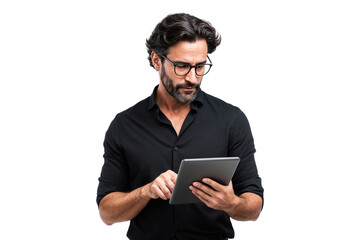 Man with glasses using a digital tablet, focused for business or tech activity, isolated on transparent background