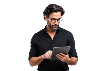 Man with glasses using a digital tablet, focused for business or tech activity, isolated on transparent background