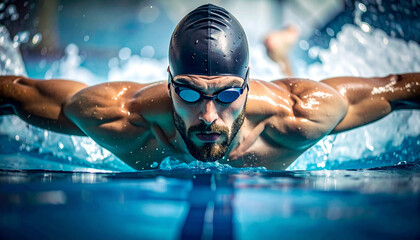 Close-up of the face of a strong swimmer.
