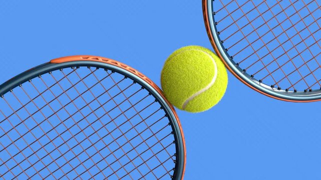 3D animation of tennis ball spinning above racket