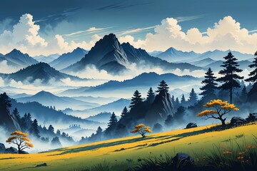 there is a painting of a mountain scene with trees and mountains