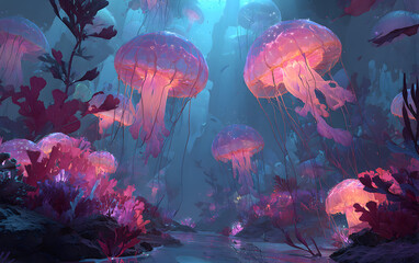 Vibrant underwater scene with glowing jellyfish and colorful corals.