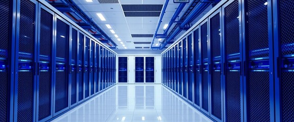 Secure server room with advanced data protection systems, showcasing blue and white color scheme, surveillance, digital security