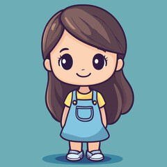 Obraz premium Cheerful Cartoon Girl in Blue Overalls and Yellow Shirt