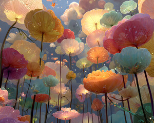 Vibrant floral illustration with colorful blossoms and whimsical background.