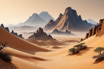 Naklejka premium there is a desert scene with a mountain in the distance