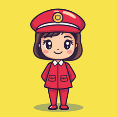 Cheerful Cartoon Girl in Red Uniform and Cap