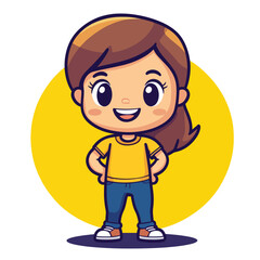 Cheerful Cartoon Girl in Yellow Shirt and Blue Jeans