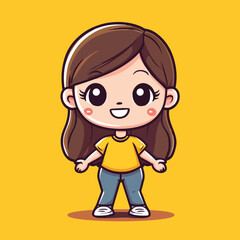 Cheerful Cartoon Girl in Yellow Top and Blue Jeans