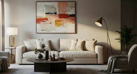 Modern Living Room Interior Design Beige Sofa, Abstract Art, and Warm Lighting