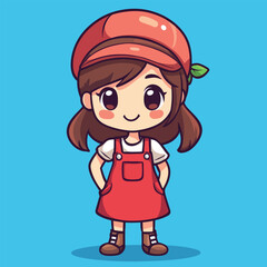 Cheerful Cartoon Girl Wearing Red Overalls and Matching Hat Smiling