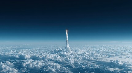 Rocket launching above a vast expanse of clouds.