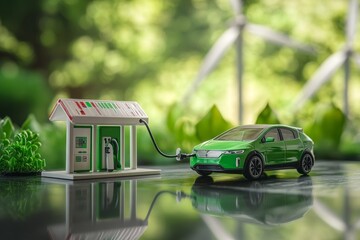Green hydrogen gas production at wind farm. Sustainable renewable energy. Electric car filling H2 at hydrogen fueling station. H2 Fuel cell vehicle. Net zero emission. Future energy. Green