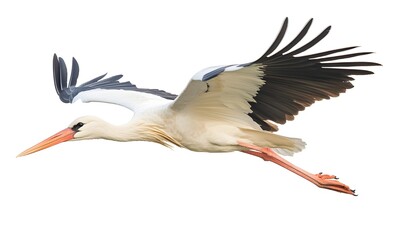 Fototapeta premium A white stork soaring through the sky, its wings outstretched and body streamlined in flight.