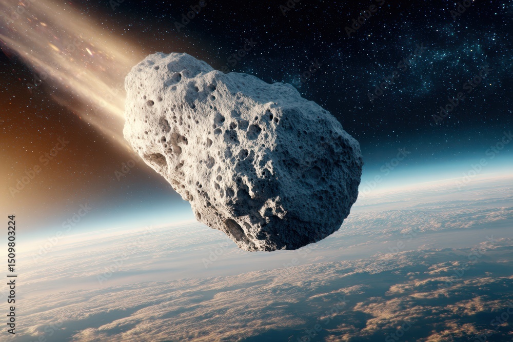 Poster a massive asteroid is seen soaring over planet earth. the vastness of space is highlighted by the ce