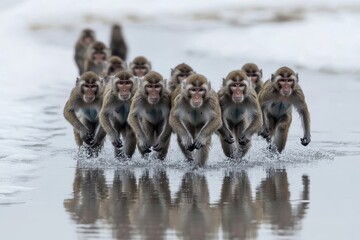 Monkey Line. Wild Squad of Monkeys in Remote Wildlife Setting