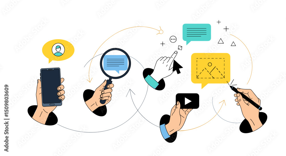 Poster vector hands holding devices and icons connected by curved lines in a stylized illustration style de