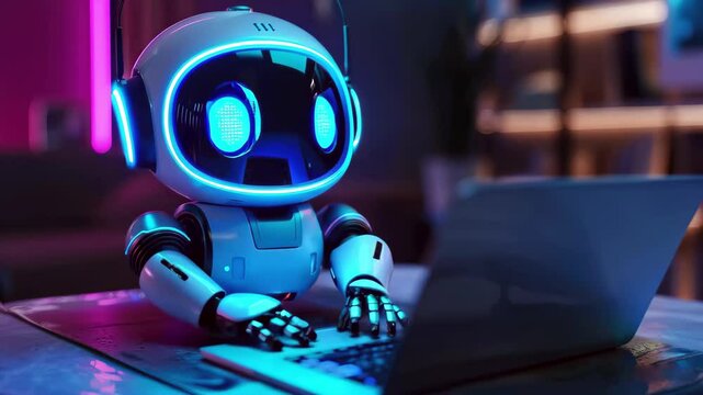 Cute friendly artificial intelligence robot is using laptop computer with purple neon glow light, chatbot and AI assistant concept futuristic technology