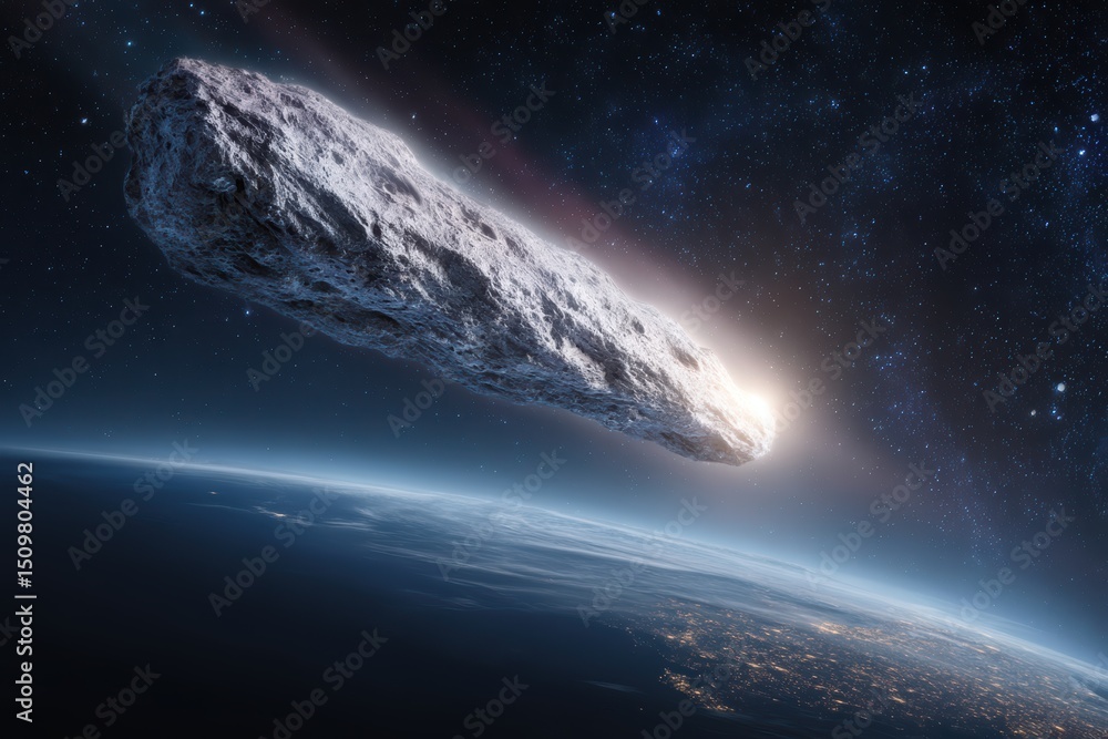 Poster a massive asteroid hovering over the earth in outer space. the detailed surface texture of the aster