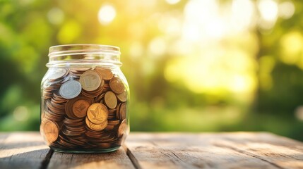 Glass jar filled with coins sits on wooden surface outdoors in sunlight.