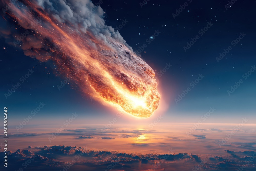 Poster a huge asteroid is prominently displayed against the backdrop of planet earth as it soars through ou
