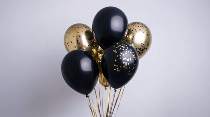 Black and gold balloons with confetti, party decoration.