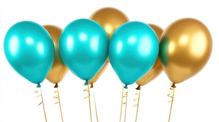 Teal and gold balloons isolated on white background.