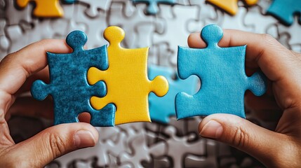 Connecting puzzle pieces A symbol of collaboration problem solving and finding solutions in a macro shot focused on