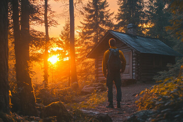 Man standing near a wooden cabin in the woods silhouette