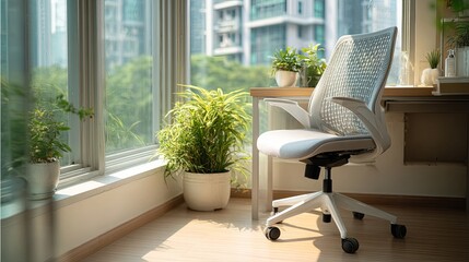 Fototapeta premium Modern minimalist office corner featuring ergonomic chair and green potted plant with natural daylight, clean lines, and neutral tones. Ideal workspace with simple interior design concept.