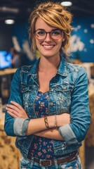 Smiling woman in denim jacket, arms crossed