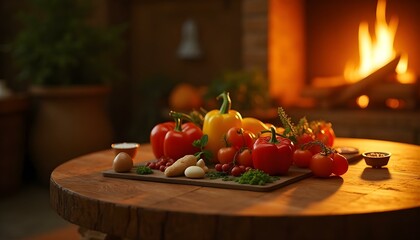 Realistic 3D render of fresh organic food ingredients arranged neatly on a wooden table, natural lighting  .