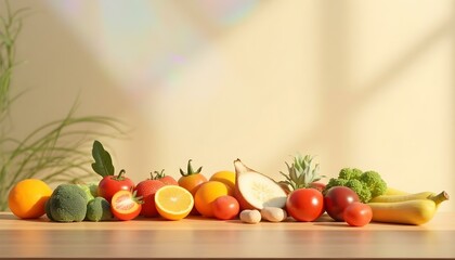 Realistic 3D render of fresh organic food ingredients arranged neatly on a wooden table, natural lighting  .