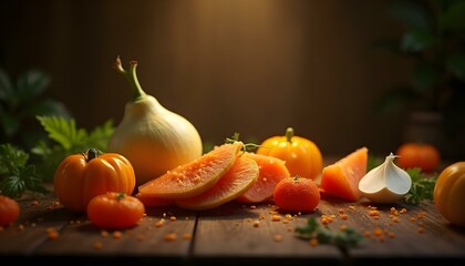 Realistic 3D render of fresh organic food ingredients arranged neatly on a wooden table, natural lighting  .