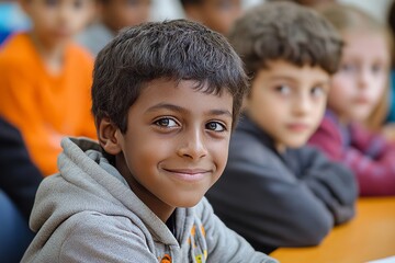 Intercultural schoolkids boys sitting at desk during lesson, looking at camera and smiling