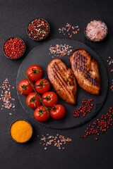 Chicken breast, grilled fillet, meat meal on a plate. Grilled poultry for dinner