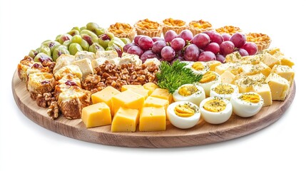 Wooden platter with assorted appetizers, cheeses, fruits, and eggs