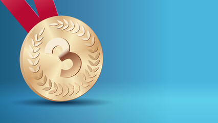 Bronze medal awards, copyspace background for tournament winner. Vector bronze medal with red ribbons isolated on blue background. Third place in sports tournament, prize for victory concept