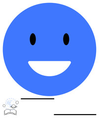 Blue circle happy face with black eyes and wide smile. Open book with bubbling thought icon. Ideal for education, happiness, creativity, learning, positivity, motivation, branding simple landing