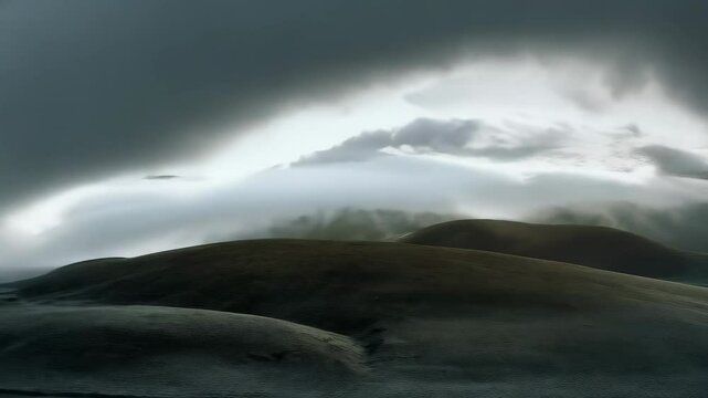 Moody landscape view of rolling hills under a dramatic cloudy sky, with muted colors and soft light highlighting the textures of the terrain