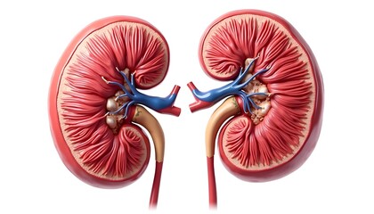 Two Red Kidneys Anatomy Model on White, Medical Educational