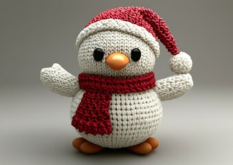 Knitted penguin wearing Santa hat and scarf